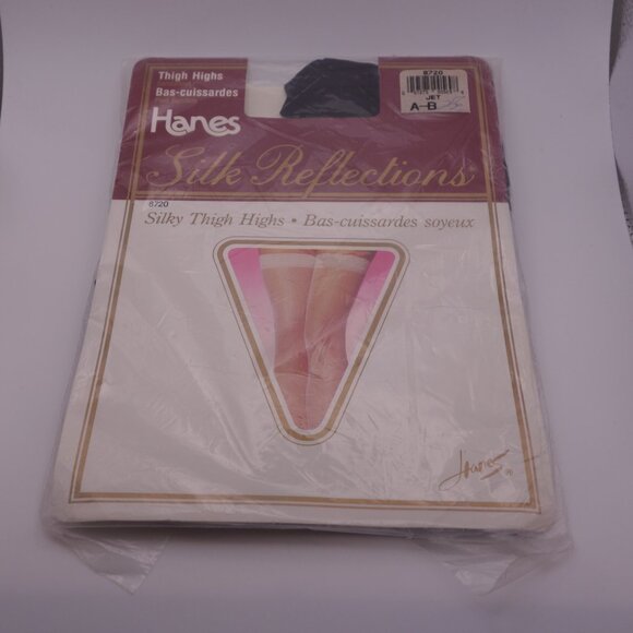 Vintage Hanes Silk Reflections Sandalfoot 8720 JET Size A-B Thigh Highs - Picture 1 of 11
